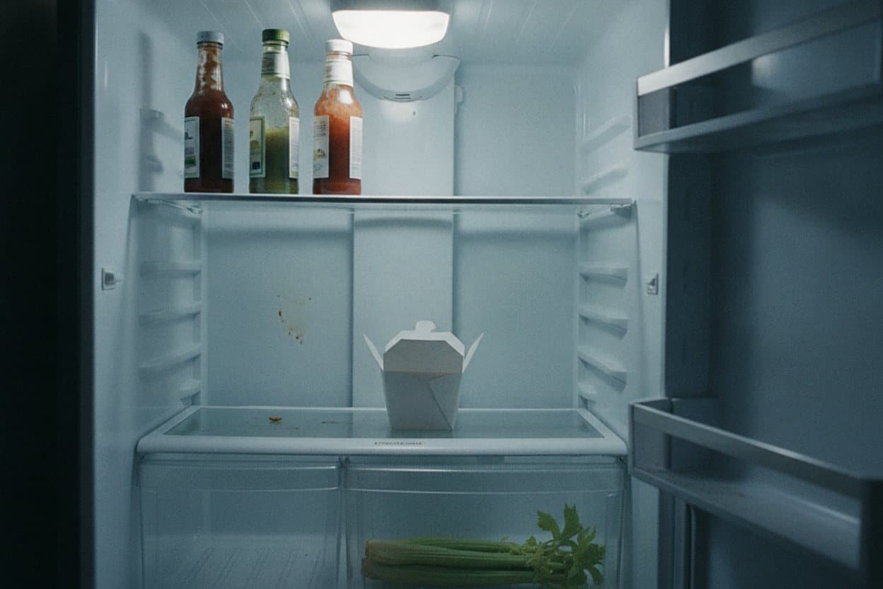 Refrigerator with food items needing organizing