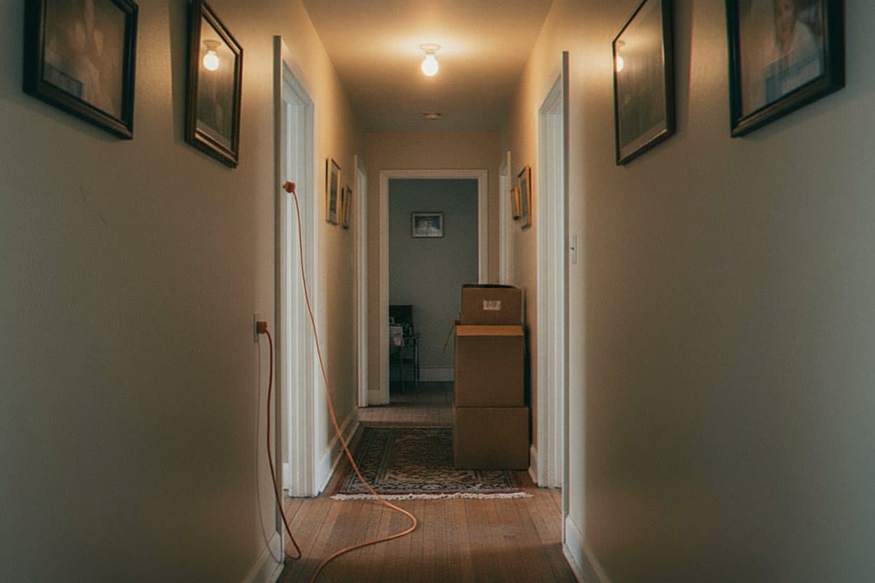 Hallway has tripping hazards and clutter