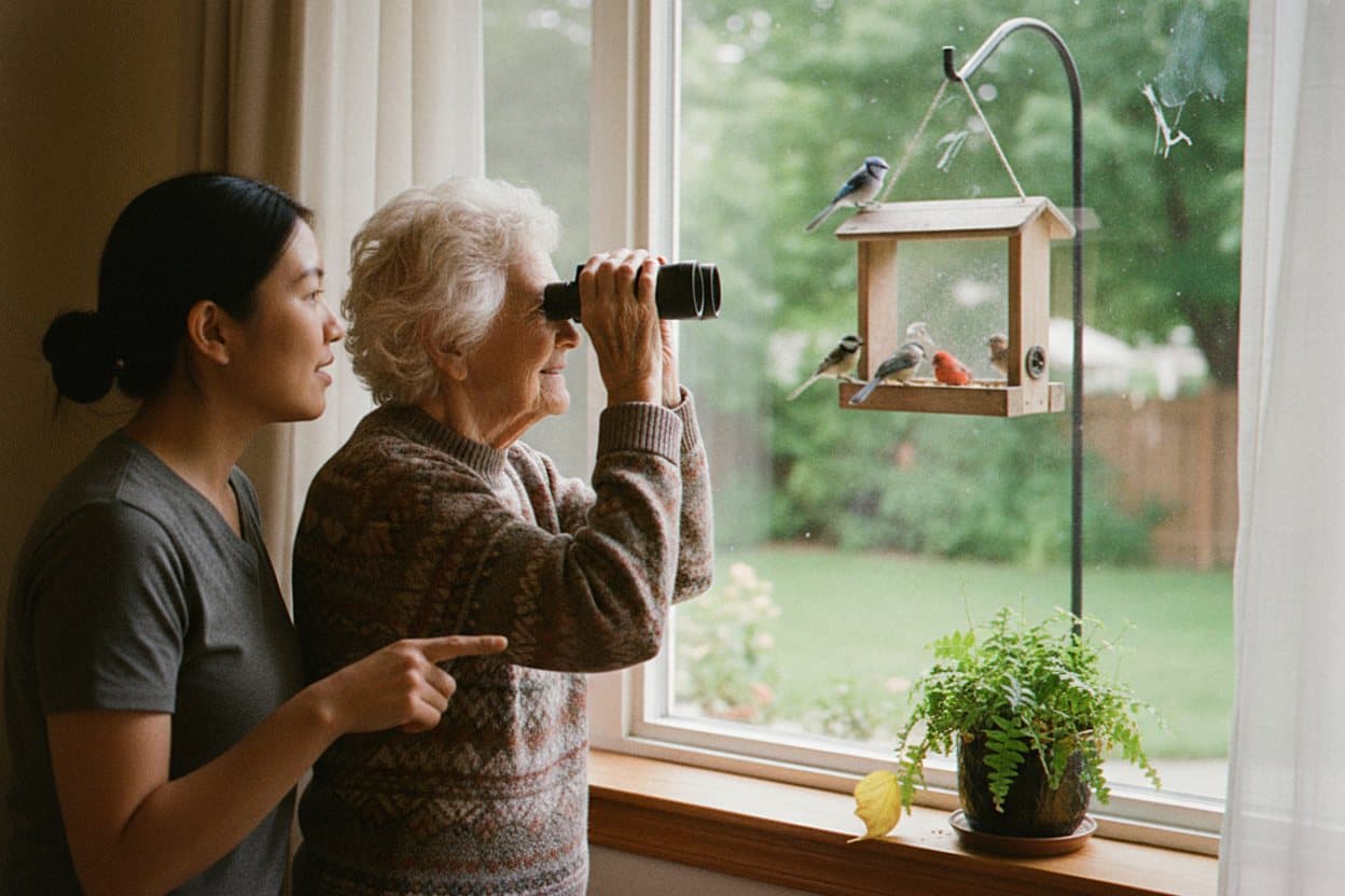 Woman watches birds at window with caregiver