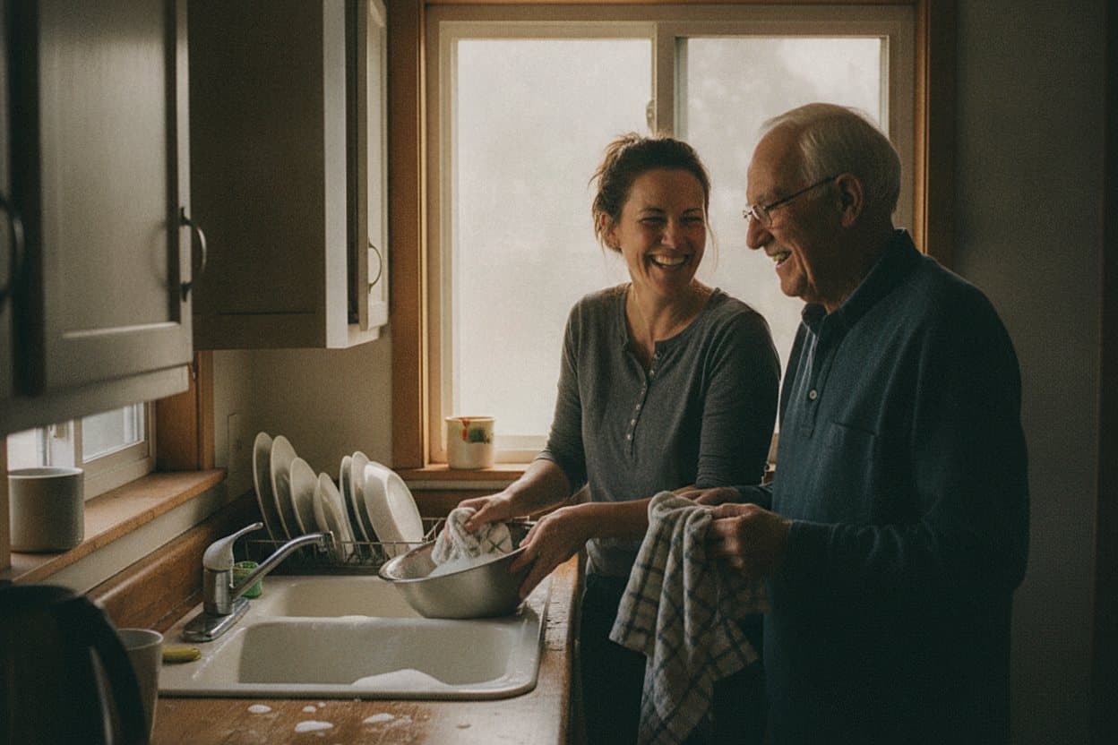 Caregiver and elderly person eat lunch