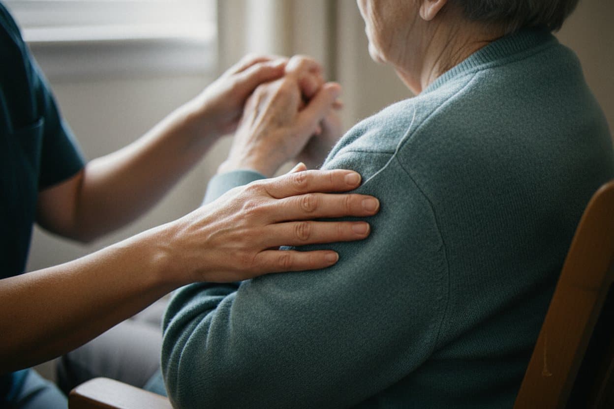 Hand rests supportively on shoulder gently