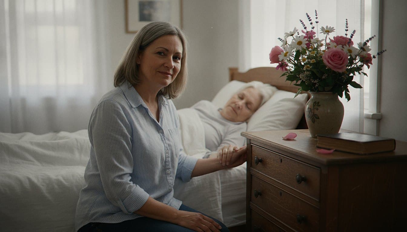 Caregiver holds hand at patient bedside