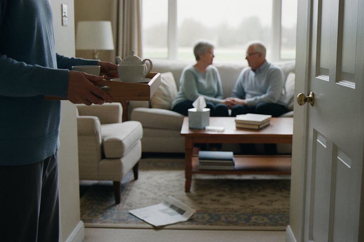 Caregiver brings warm drink to family