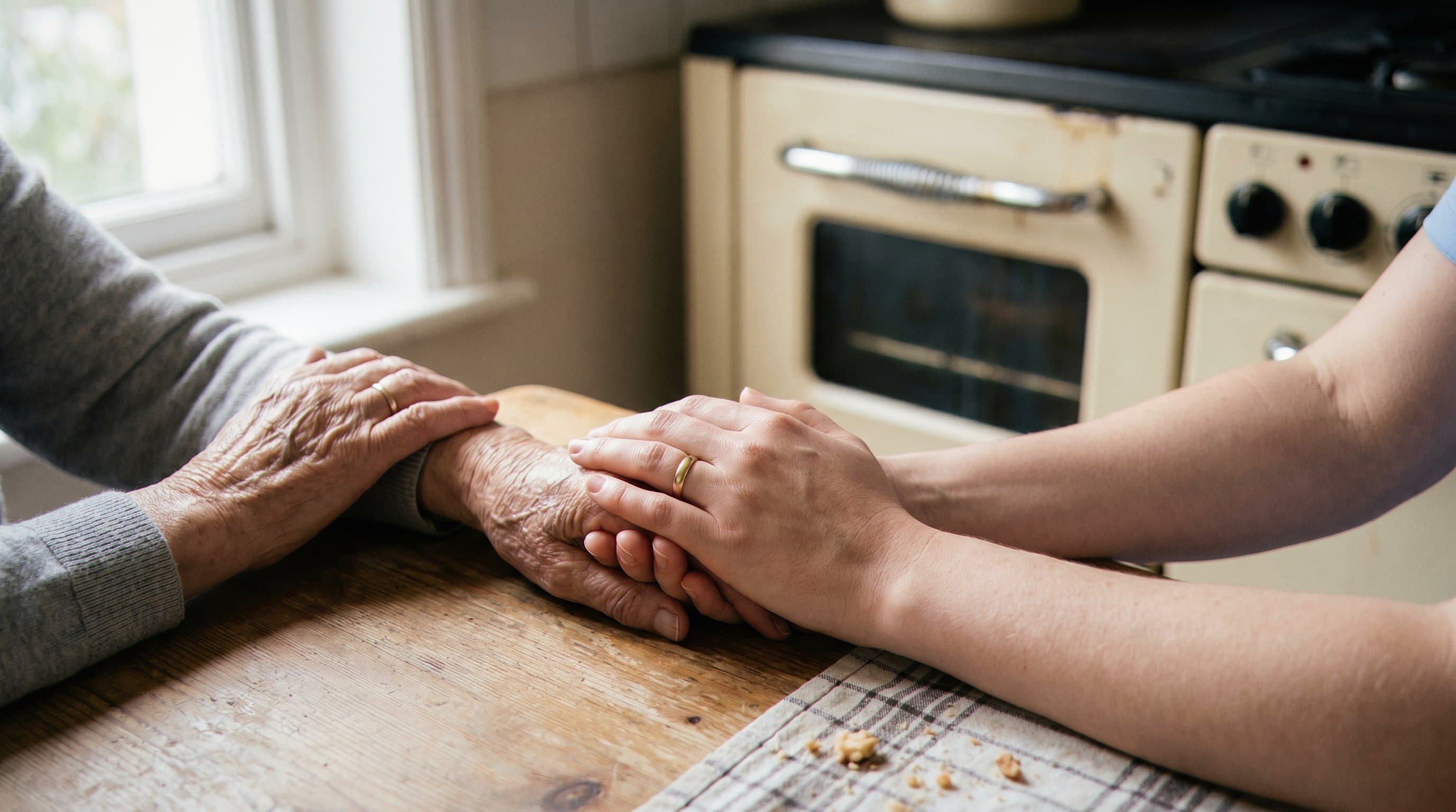Two hands hold each other in care