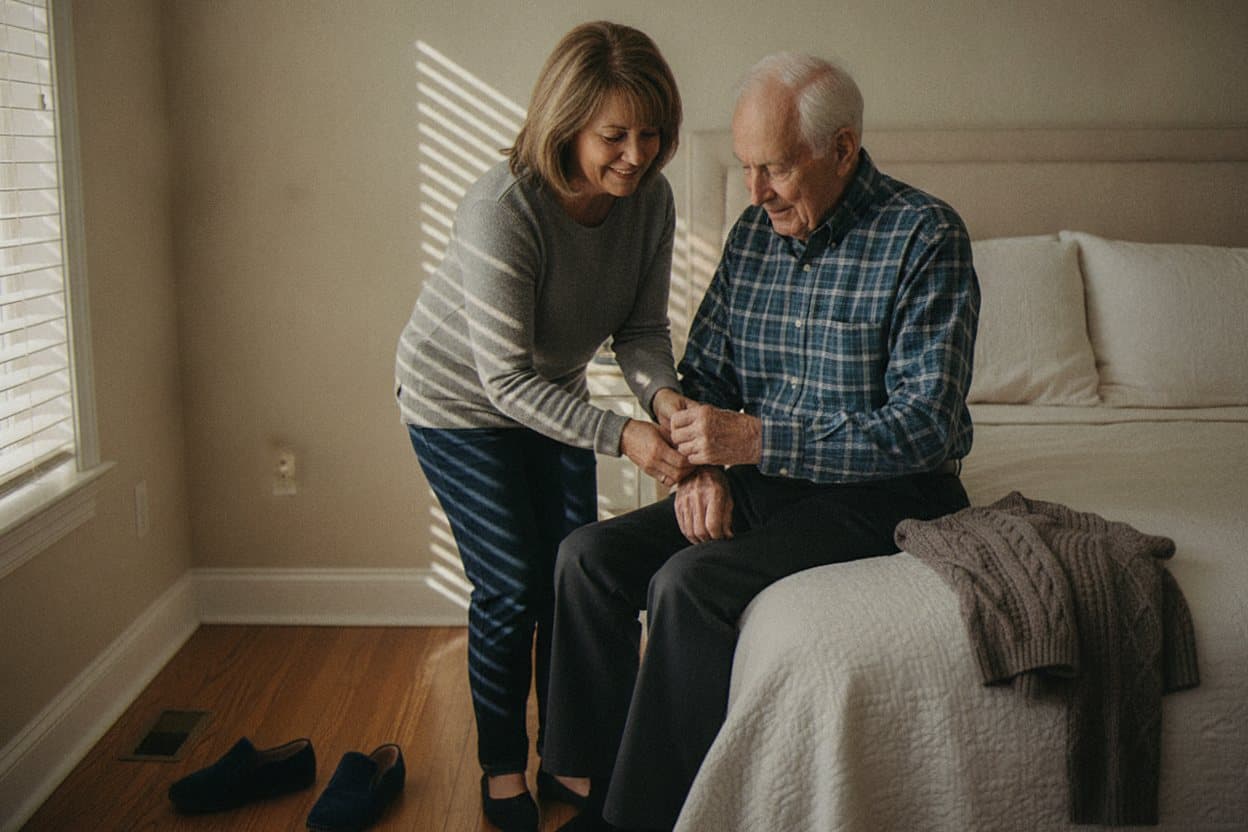 Caregiver buttons elderly woman's dress gently
