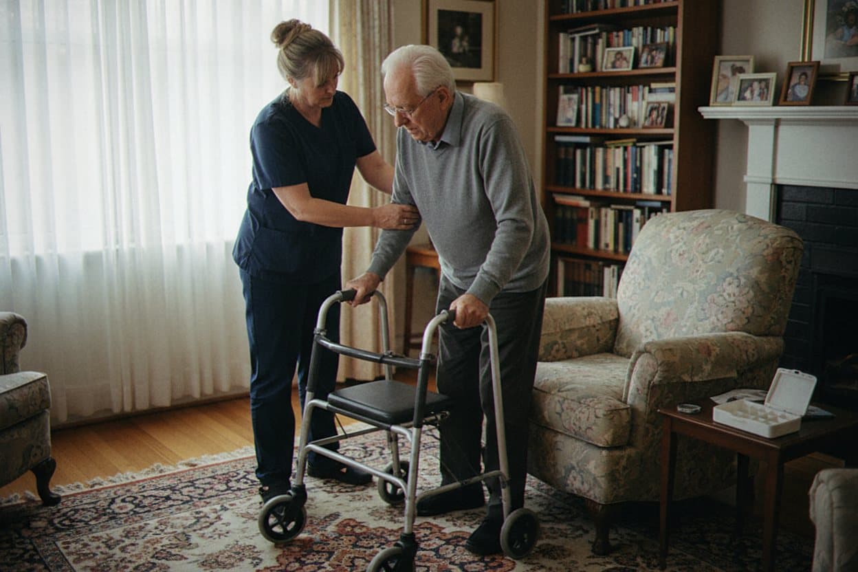 Caregiver helps elderly woman stand safely