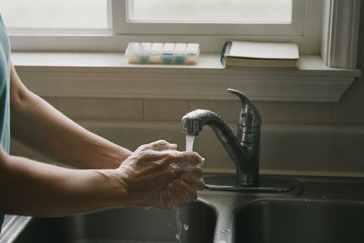Caregiver washes hands before patient care