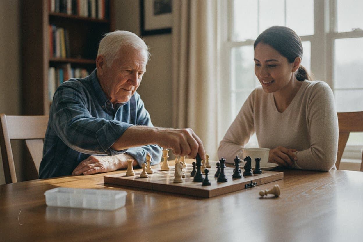 Veteran plays chess with caregiver